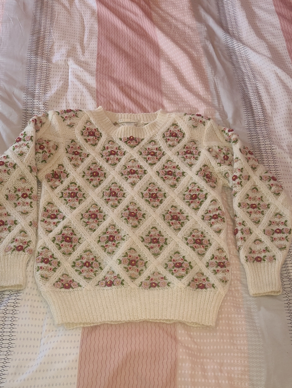 The Limited Cream Knit Crewneck Sweater with Pink Floral Diamonds